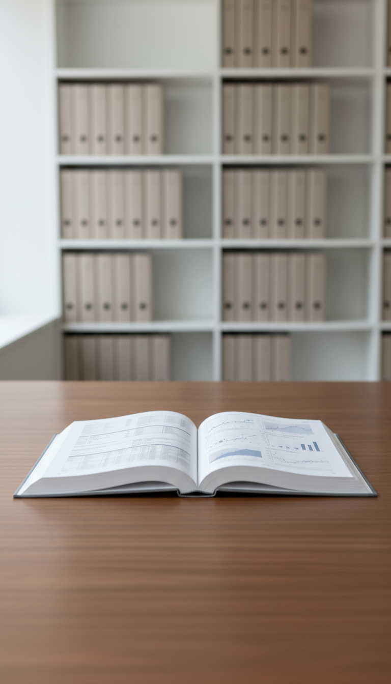 A meticulously organized, hardcover academic journal with a textured matte gray cover and crisp white pages, lying open to reveal neatly formatted research tables and graphs in subtle blue-gray hues. The journal rests at the center of a wide, uncluttered walnut desk with a smooth finish. Clean architectural shelving with neutral-toned reference books lines the softly blurred background, conveying a scholarly environment. Natural diffused daylight pours in from the side, gently highlighting the surface textures and casting minimal, soft shadows. The mood is calm and highly professional, evoking focus and clarity. This eye-level composition uses sharp focus throughout and balanced framing, presenting a structured corporate aesthetic ideal for a clinical psychology portfolio website.